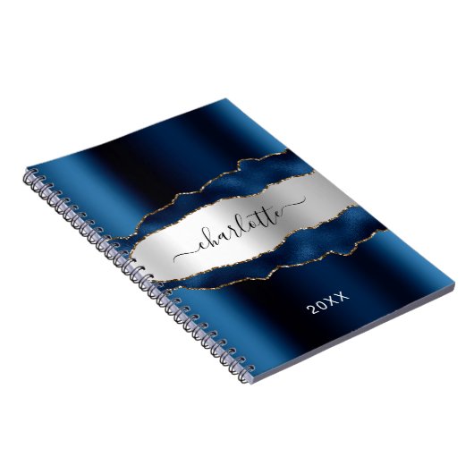 Navy blue Silver agate marble Name script Notitieboek (Rechterzijde)