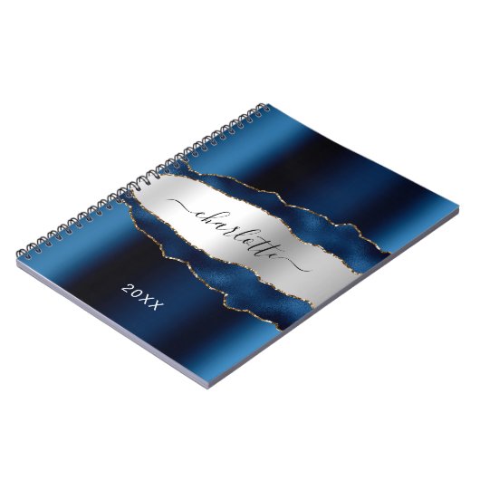 Navy blue Silver agate marble Name script Notitieboek (Linkerzijde)