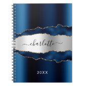 Navy blue Silver agate marble Name script Notitieboek (Voorkant)