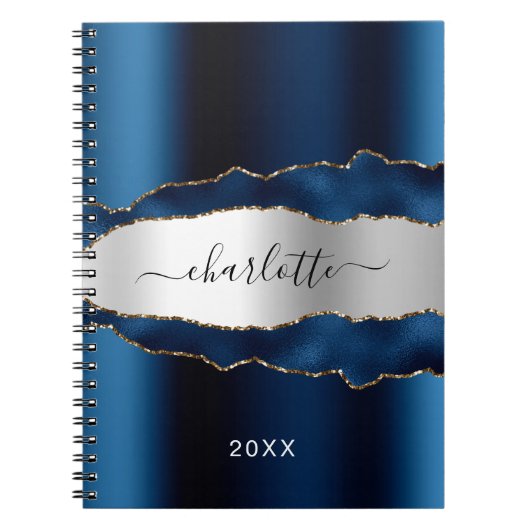 Navy blue Silver agate marble Name script Notitieboek (Voorkant)