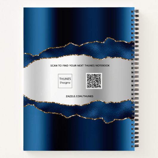 Navy blue Silver agate marble Name script Notitieboek (Achterkant)