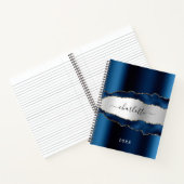 Navy blue Silver agate marble Name script Notitieboek (Binnen)