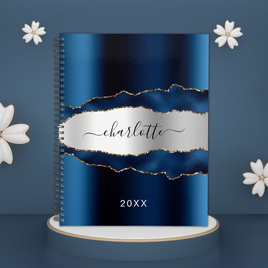 Navy blue Silver agate marmer name 2023 Planner