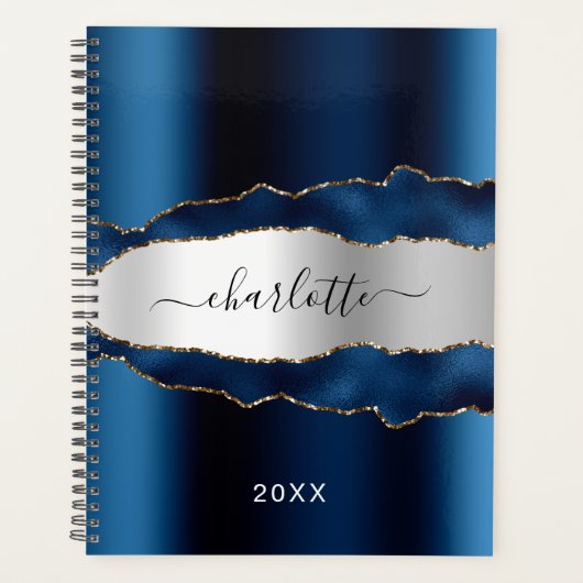 Navy blue Silver agate marmer name 2023 Planner (Voorkant)
