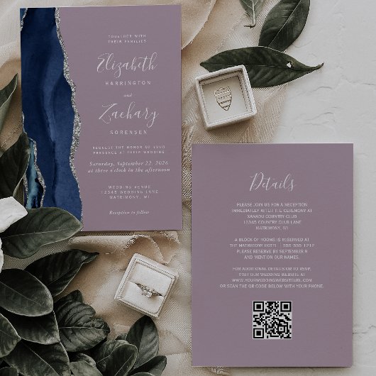 Navy Blue Silver Agate Mauve QR Code Wedding Kaart