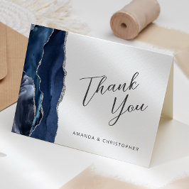 Navy Blue Silver Agate Script Wedding Bedankt Kaart