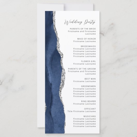 Navy Blue Silver Agate Script Wedding Programma (Achterkant)