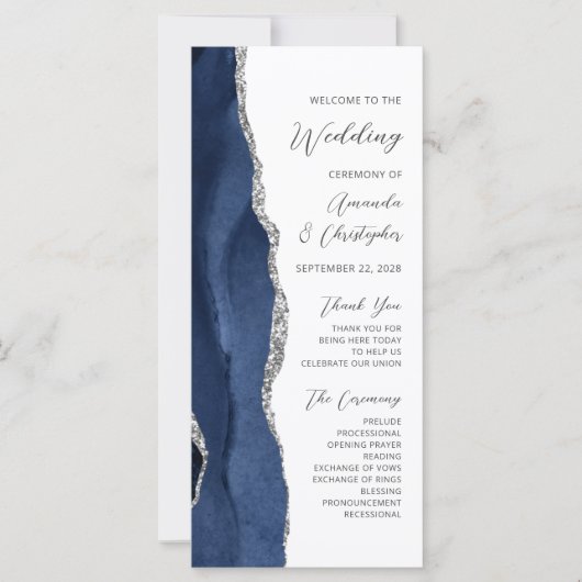 Navy Blue Silver Agate Script Wedding Programma (Voorkant)