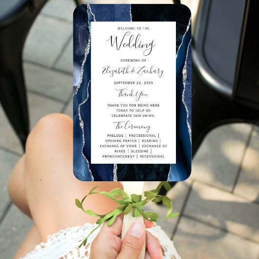 Navy Blue Silver Agate Wedding Programme Handwaaier