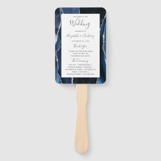 Navy Blue Silver Agate Wedding Programme Handwaaier (Voorkant)