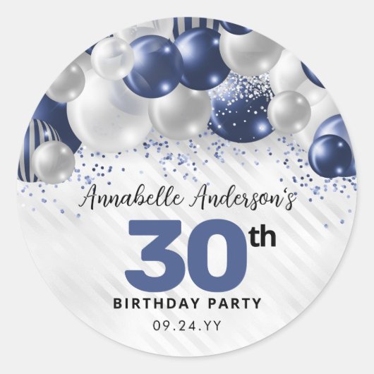 Navy Blue Silver Balloon Glitter Favor Birthday Ronde Sticker (Voorkant)