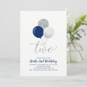 Navy Blue & Silver Balloons Boy 2e verjaardag Kaart (Staand voorkant)