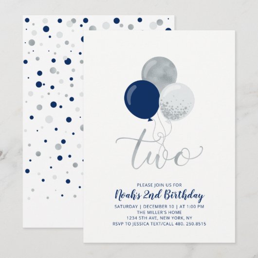 Navy Blue & Silver Balloons Boy 2e verjaardag Kaart (Voorkant / Achterkant)