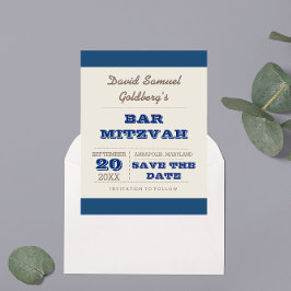 Navy Blue & Silver Bar Mitzvah Save the Date Aankondigingskaart