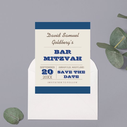 Navy Blue & Silver Bar Mitzvah Save the Date Aankondigingskaart