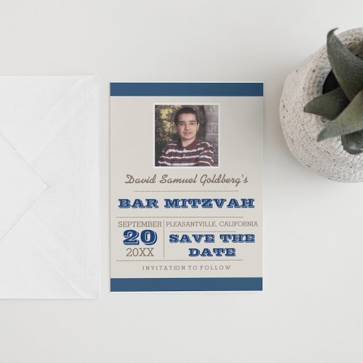 Navy Blue & Silver Bar Mitzvah Save the Date Aankondigingskaart