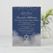 Navy Blue Silver Bar Mitzvah uitnodiging (Staand voorkant)