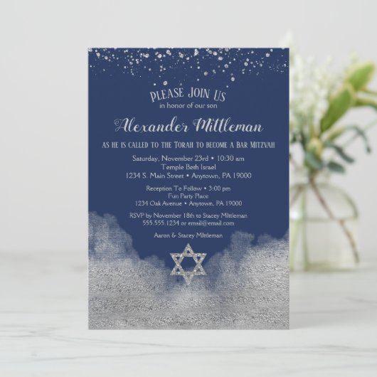 Navy Blue Silver Bar Mitzvah uitnodiging (Staand voorkant)