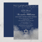 Navy Blue Silver Bar Mitzvah uitnodiging (Voorkant / Achterkant)