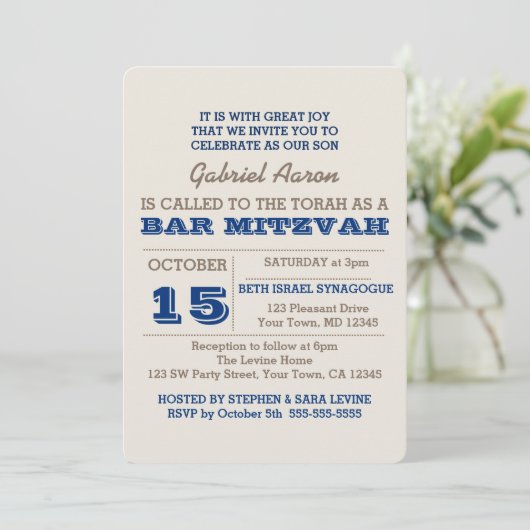 Navy Blue & Silver Bar Mitzvah Uitnodiging (Staand voorkant)