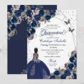 Navy Blue & Silver Butterfly Princess Quinceanera Kaart (Voorkant / Achterkant)