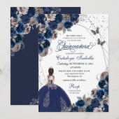 Navy Blue & Silver Butterfly Princess Quinceanera Kaart (Voorkant / Achterkant)