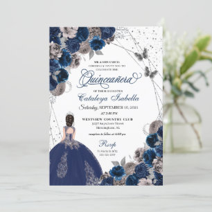 Navy Blue & Silver Butterfly Princess Quinceanera Kaart