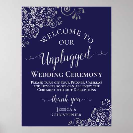 Navy Blue & Silver Chic Unplugged Wedding Ceremony Poster (Voorkant)