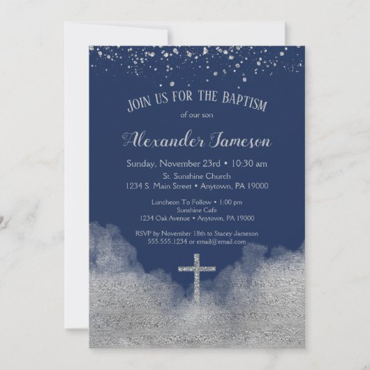 Navy Blue Silver Confetti Baptism Invitation Boy Kaart (Voorkant)