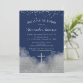 Navy Blue Silver Confetti Baptism Invitation Boy Kaart (Staand voorkant)