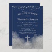 Navy Blue Silver Confetti Baptism Invitation Boy Kaart (Voorkant / Achterkant)
