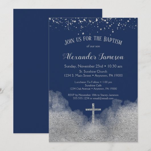 Navy Blue Silver Confetti Baptism Invitation Boy Kaart (Voorkant / Achterkant)