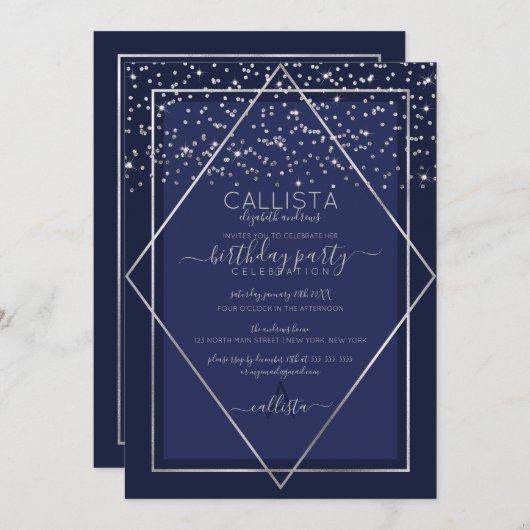 Navy Blue Silver Confetti Border Verjaardag Kaart (Voorkant / Achterkant)