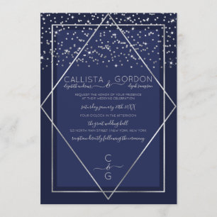 Navy Blue Silver Confetti Geo Border Wedding Kaart