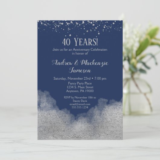 Navy Blue Silver Confetti Jubileum Kaart (Staand voorkant)