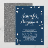 Navy Blue & Silver Confetti Modern Huwelijk Uitnod Kaart (Voorkant / Achterkant)