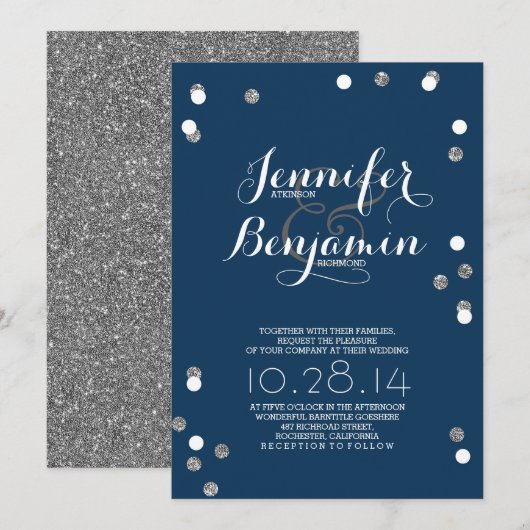 Navy Blue & Silver Confetti Modern Huwelijk Uitnod Kaart (Voorkant / Achterkant)