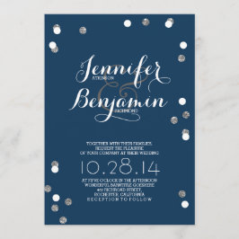 Navy Blue & Silver Confetti Modern Huwelijk Uitnod Kaart