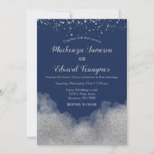 Navy Blue Silver Confetti Wedding Invitation Kaart (Voorkant)
