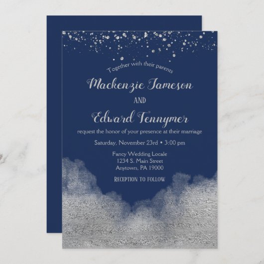 Navy Blue Silver Confetti Wedding Invitation Kaart (Voorkant / Achterkant)