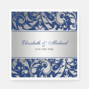 Navy Blue Silver Damask Swirls Wedding Servetten