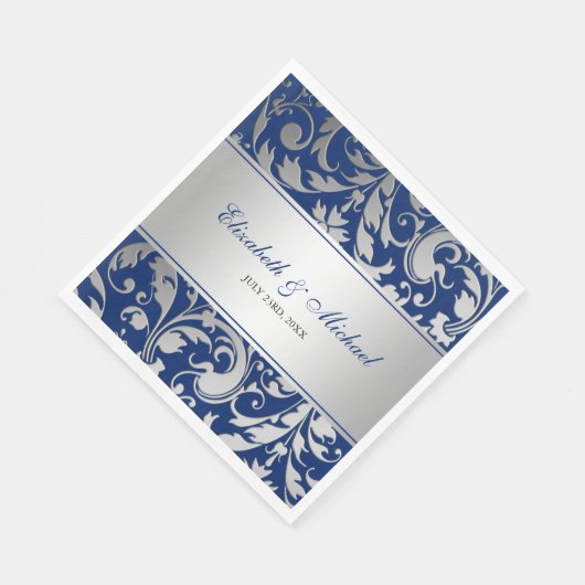 Navy Blue Silver Damask Swirls Wedding Servetten (Hoek)