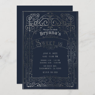 Navy Blue & Silver  deco Sweet 16 Kaart