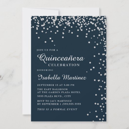 Navy Blue Silver Diamond Confetti Quinceañera Kaart (Voorkant)
