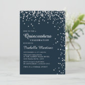 Navy Blue Silver Diamond Confetti Quinceañera Kaart (Staand voorkant)