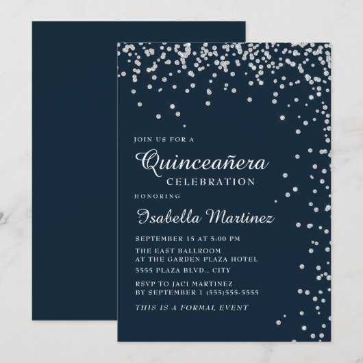 Navy Blue Silver Diamond Confetti Quinceañera Kaart (Voorkant / Achterkant)