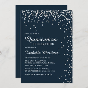 Navy Blue Silver Diamond Confetti Quinceañera Kaart