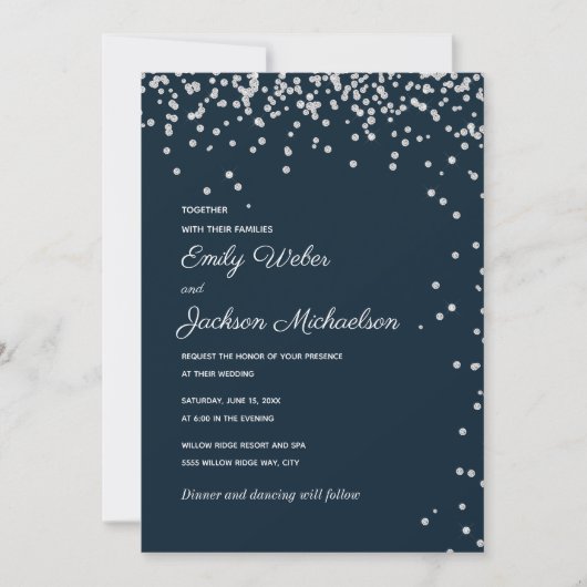 Navy Blue Silver Diamond Confetti Wedding Kaart (Voorkant)