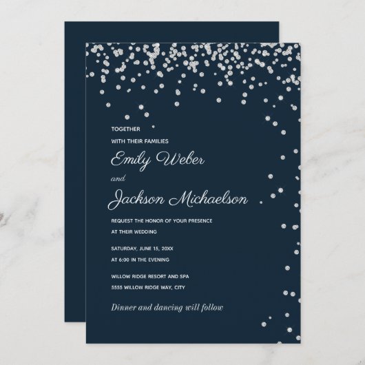 Navy Blue Silver Diamond Confetti Wedding Kaart (Voorkant / Achterkant)