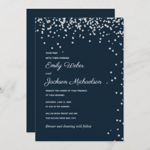 Navy Blue Silver Diamond Confetti Wedding Kaart